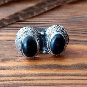 Afghan black agate ring, Boho tribal Ring, Vintage Kazakh gothic jewelry, wiccan beauty gift, Berber double ring