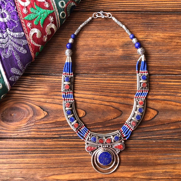 Boho lapis lazuli i Carnelian Berber naszyjnik, tybetański naszyjnik mozaika nepalska, Tuareg etnicznych, Beduin Nomadic biżuteria, marokański Vintage