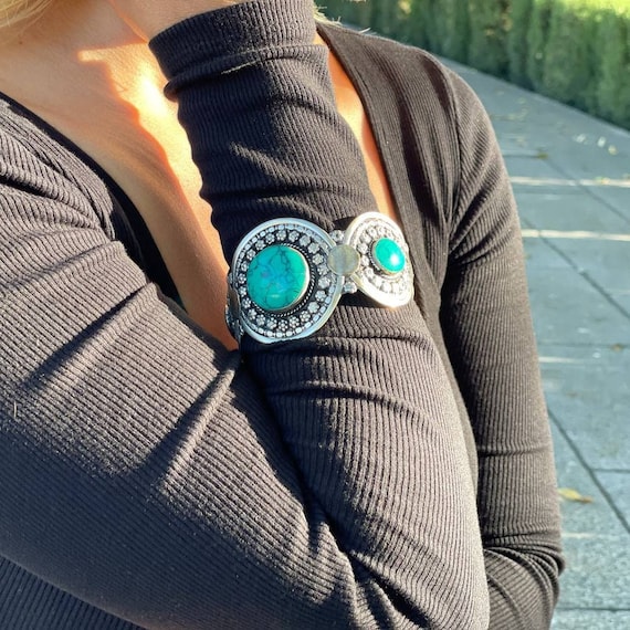 Solid bangle with green turquoise boho, Moroccan … - image 2