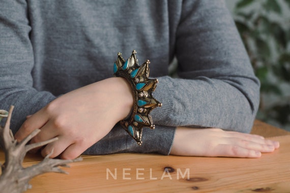 Tribal Afghan blue enamel bracelet, Gypsy nomadic cuff, Bohemian kuchi vintage, Tuareg Ethnic jewelry, Berber Antique style, ats fusion View 3
