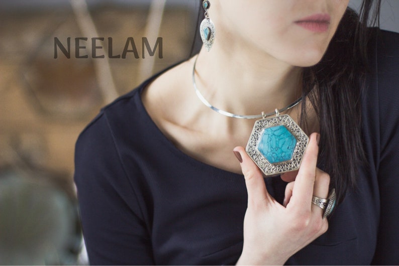 Gothic jewelry hexagon Wiccan medallion boho gypsy ethic afghan kuchi tribal jewel Tuareg amulet Vintage berber blue turquoise pendant