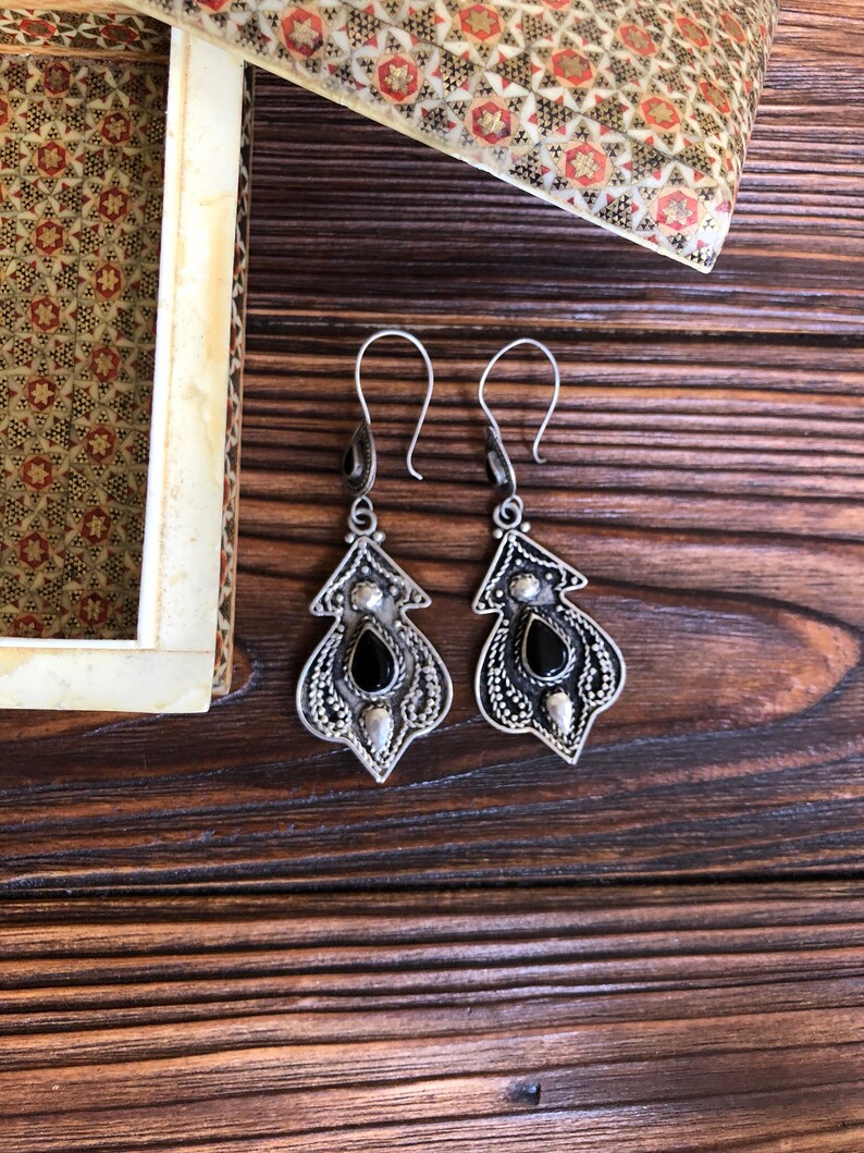 Kazakh antique jewelry bohemian tribal nomadic jewelry Wiccan vintage Tuareg earrings Long massive black agate earrings
