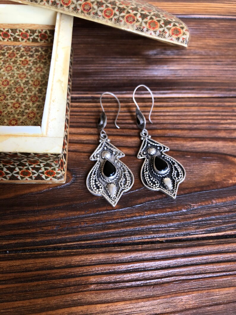 Kazakh antique jewelry bohemian tribal nomadic jewelry Wiccan vintage Tuareg earrings Long massive black agate earrings
