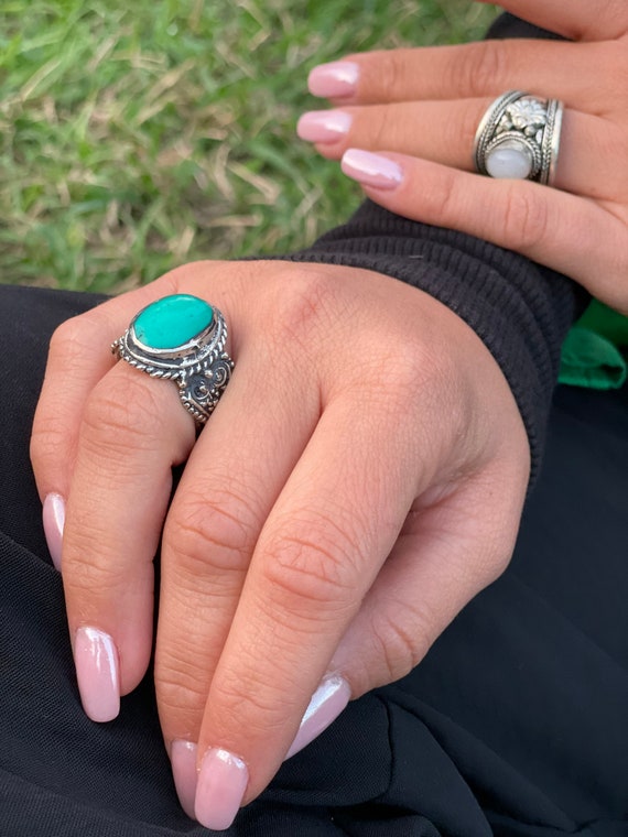 Vintage green turquoise ring, oval shaped  Afghan… - image 1