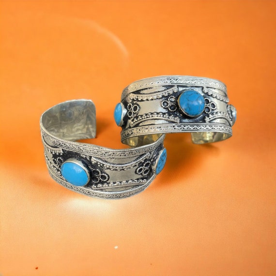 Tribal Afghan blue turquoise bracelet, Vintage Bo… - image 1