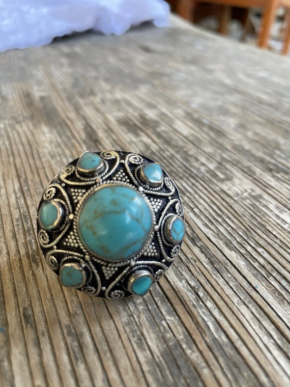 Berber massive  blue turquoise ring, flower triba… - image 4