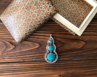 Afghan nomadic Pendant, green turquoise Mexico pendant, Kuchi necklace, Antique berber medallion, beduin jewelry, wiccan amulet Pendant, tua