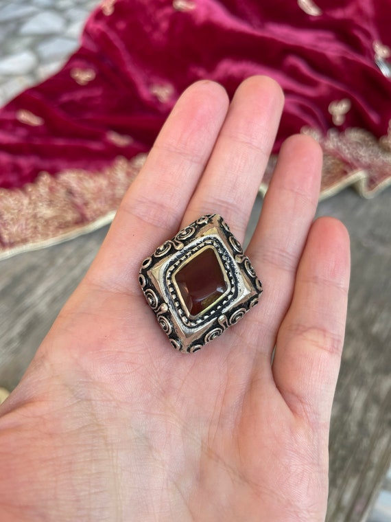 Vintage unisex massive Afghan ring, rhombus carnel