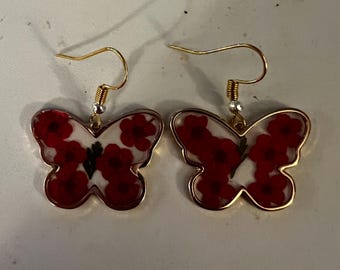 Gold Resin Butterfly with Red Flowers earrings