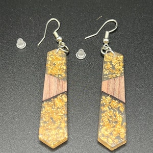 Wood with gold speckled acrylic dangle earrings