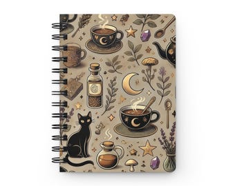 Mystical Witch&#39;s Tea Time Journal: Spiral-Bound Notebook with Cat, Crystal, and Potion Designs