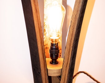 Hand crafted Oak, Scotch Whisky Barrel charred stave table/bedside lamp, with a B22 40w Edison bulb and antique brass bulb holder