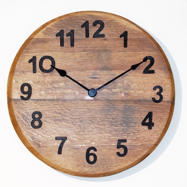 Hand crafted Oak, Scotch Whisky Barrel lid, Farmhouse Wall clock with branded numbers