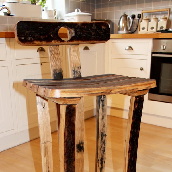 Hand crafted Oak, Scotch Whisky barrel stave bar/kitchen stool with back rest