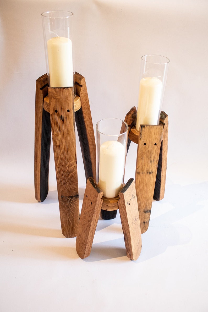 Hand crafted Oak, Scotch Whisky Barrel stave candle stands optional Glass Chimney image 5