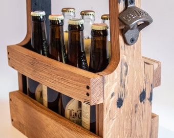 Oak, Whisky Barrel Stave Beer bottle carrier/caddy, with cast iron bottle opener