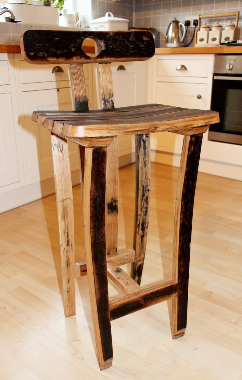 Oak, Scotch Whisky barrel stave bar/kitchen stool with back rest 