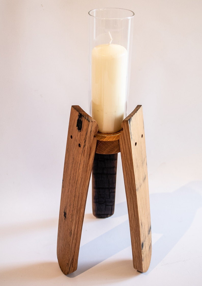 Hand crafted Oak, Scotch Whisky Barrel stave candle stands optional Glass Chimney image 8