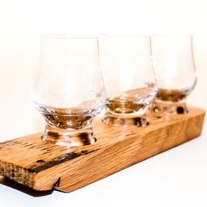 Hand crafted Oak, Scotch Whisky Barrel Stave end, triple Wee Dram Whisky Tasting Flight Tray (Glasses included)