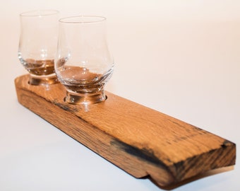 Hand crafted Oak, Scotch Whisky Barrel Stave end, twin Wee Dram Whisky Tasting Flight Tray (Glasses included)