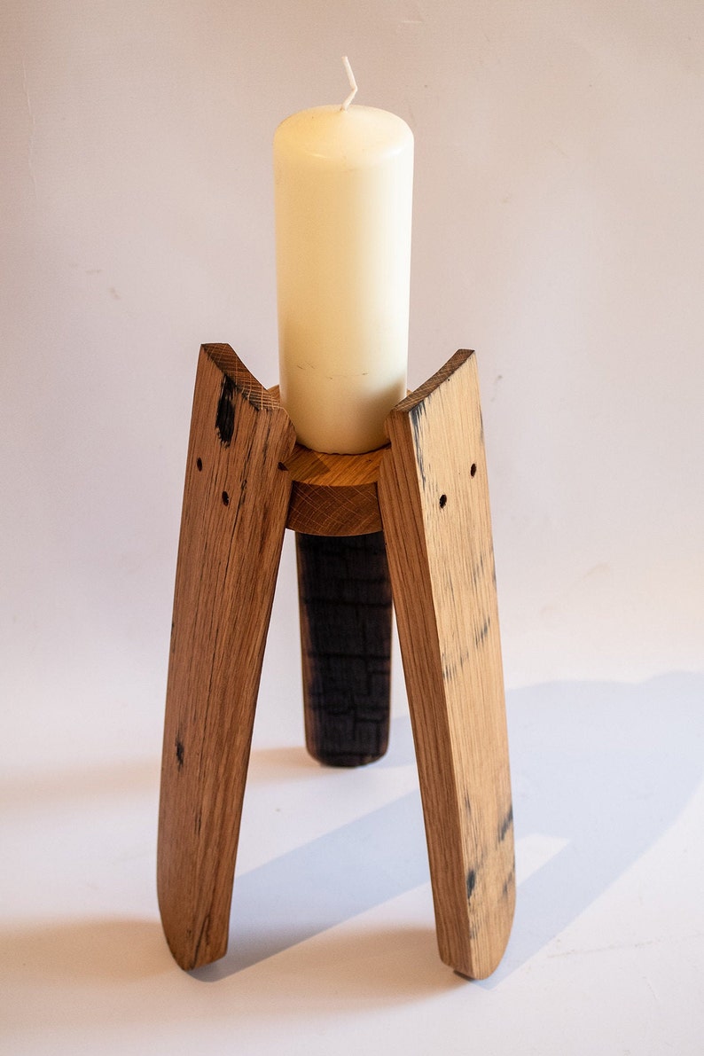 Hand crafted Oak, Scotch Whisky Barrel stave candle stands optional Glass Chimney image 3