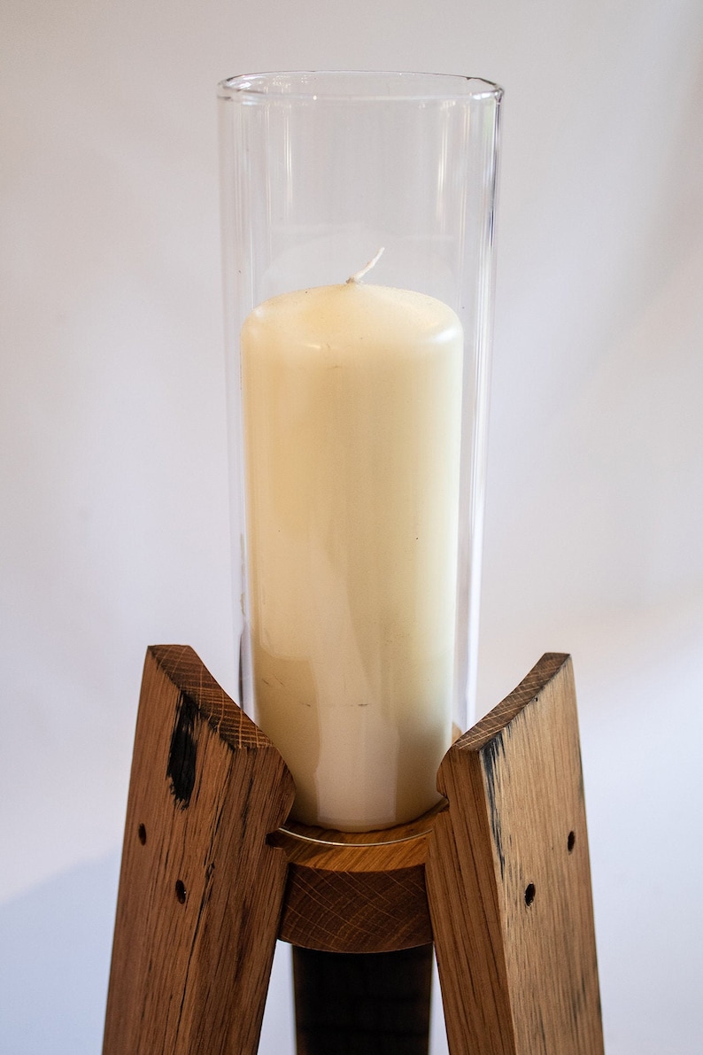 Hand crafted Oak, Scotch Whisky Barrel stave candle stands optional Glass Chimney image 6