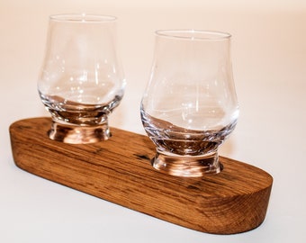 Hand crafted Oak, Scotch Whisky Barrel Stave, twin Wee Dram Whisky Tasting Flight Tray (Glasses included)