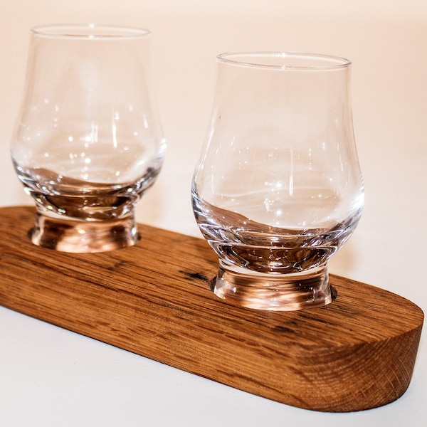 Hand crafted Oak, Scotch Whisky Barrel Stave, twin Wee Dram Whisky Tasting Flight Tray (Glasses included)