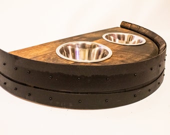Personalised, Hand Crafted, Oak, Scotch Whisky Barrel Head Dog Bowl Stand, Pet feeding Stand (Stainless Steel Bowls Included)