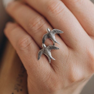 Two Swallows ring, Sterling silver, Oringo nature jewelry, ornithology, made in Ukraine