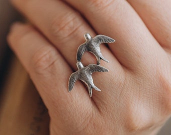 Two Swallows ring, Sterling silver, Oringo nature jewelry, ornithology, made in Ukraine