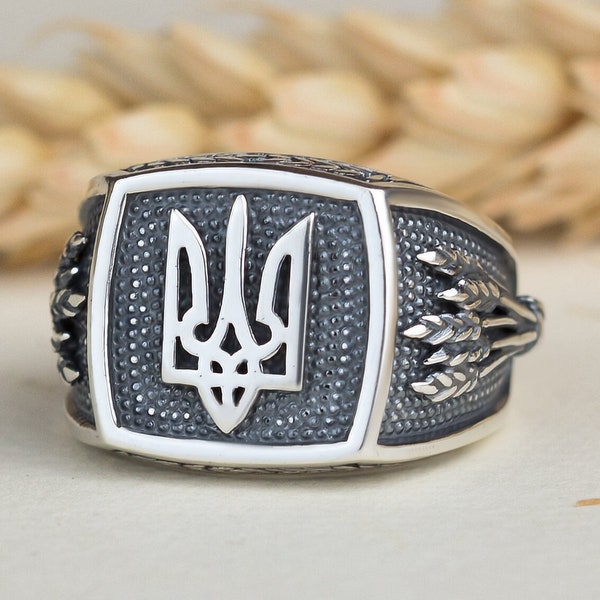 Free Ukraine signet ring, Sterling silver, Oringo meaningful Ukrainian jewelry, trident, wheat spike, made in Ukraine