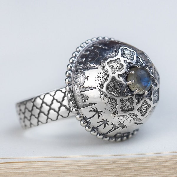 Samarkand labradorite ring, Sterling silver, Oringo literary jewelry, made in Ukraine