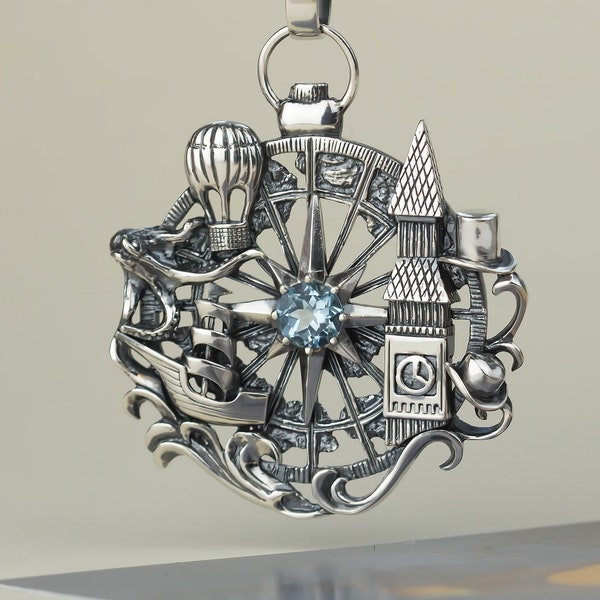 Around the World silver pendant inspired by Jules Verne, Oringo meaningful jewelry, made in Ukraine, aerostat necklace