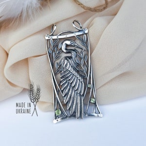 Heron pendant with peridot or amethyst, Sterling silver, Oringo nature jewelry, made in Ukraine, ornithology Peridot