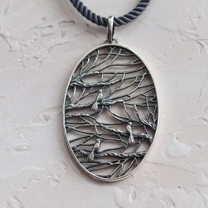 Birds on a Twig pendant, Sterling silver, Oringo meaningful jewelry, ornithology, made in Ukraine
