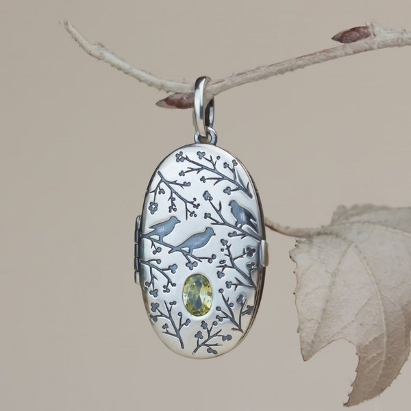 Bird on a Twig silver locket, Sterling silver 925, Oringo fantasy jewelry, Made in Ukraine