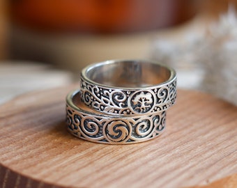 Vier Elemente Ehering-Set, Sterlingsilber, Oringo bedeutungsvoller Hochzeitsschmuck, hergestellt in Charkiw, Ukraine