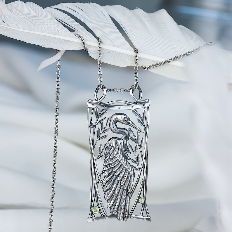 Heron pendant with peridot or amethyst, Sterling silver, Oringo nature jewelry, made in Ukraine, ornithology image 3