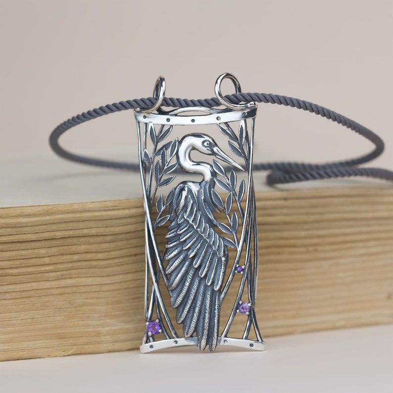 Heron pendant with peridot or amethyst, Sterling silver, Oringo nature jewelry, made in Ukraine, ornithology Amethyst
