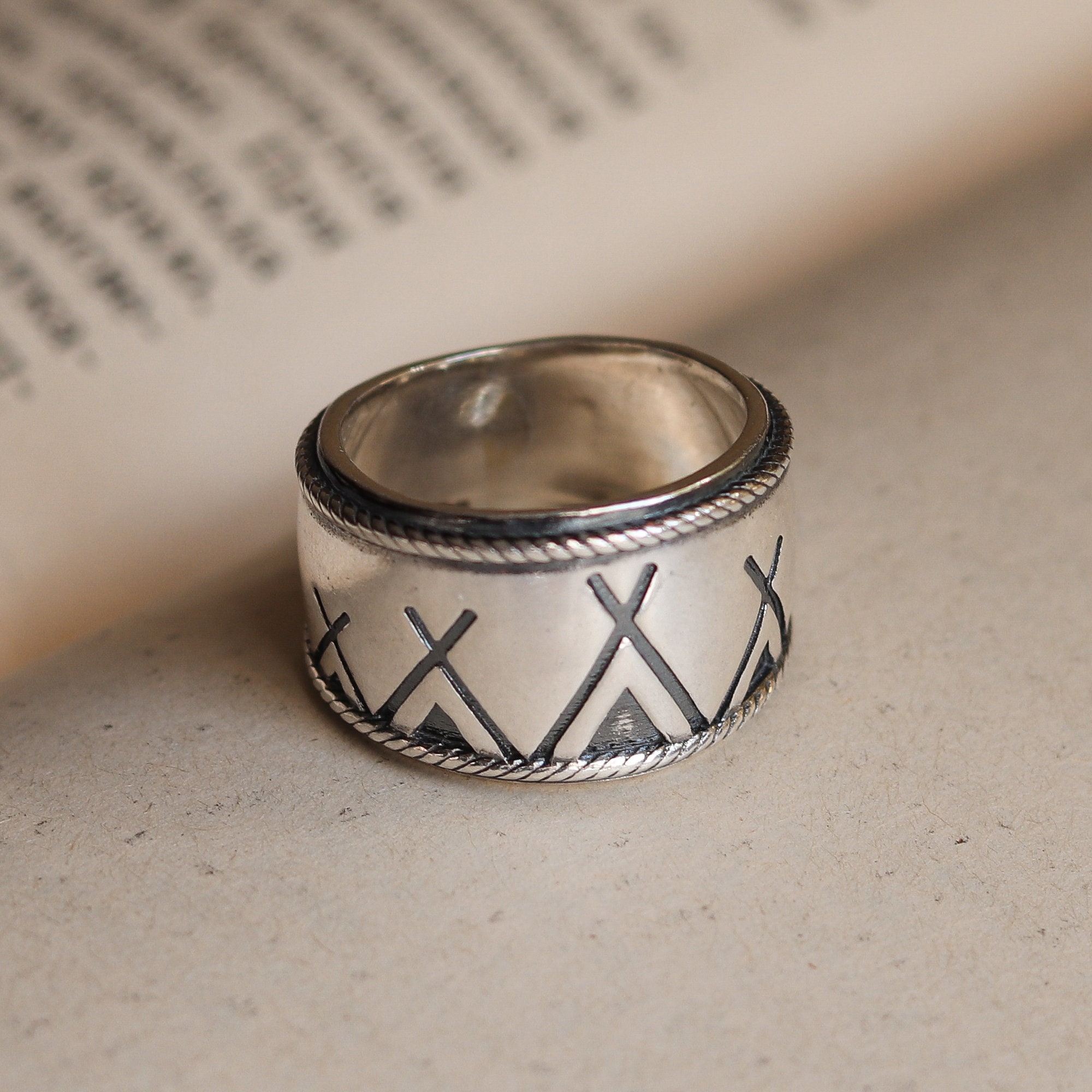 Sterling silver wide band ring with wigwams engraving solid Etsy