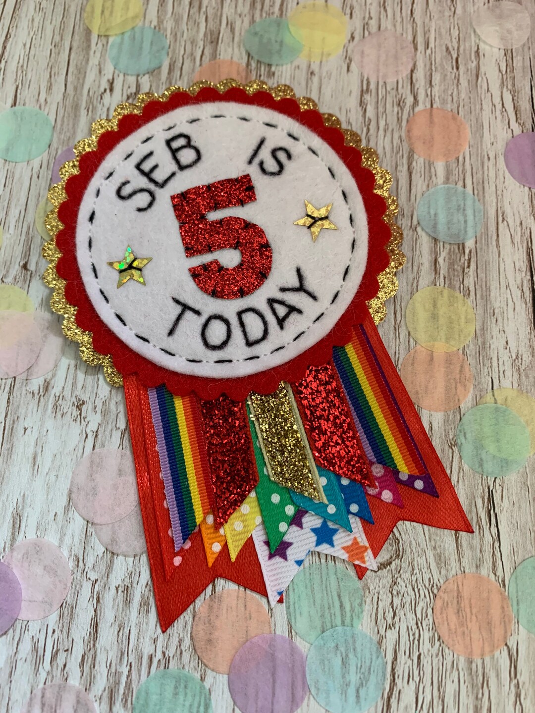 Red Rainbow Sparkle Personalised Birthday Badge Rosette - Etsy UK