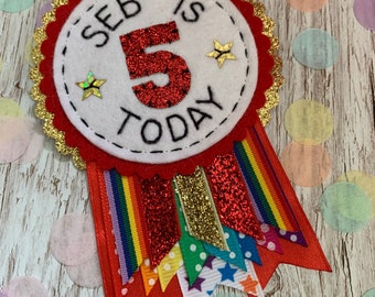 Red rainbow sparkle personalised birthday badge rosette,birthday badge, personalised birthday badge, name birthday badge