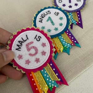 Mini rainbow sparkle birthday badge rosette, birthday badge, rainbow birthday badge, personalised birthday badge