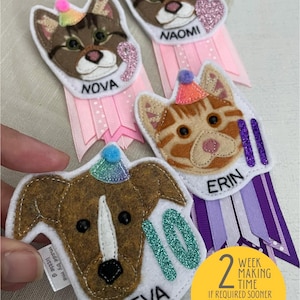May include: Felt pet badges with cat and dog faces, each with a party hat and name. The badges have ribbons in pink and purple. One badge has the number 10 in glitter. The text on the image says "2 WEEK MAKING TIME".