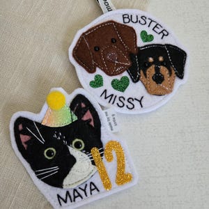 May include: Two felt keychains: one with a brown and black dog design, the names "Buster" and "Missy", and green heart accents. The other features a black and white cat with a party hat, the name "Maya", and the number "12" in gold glitter.