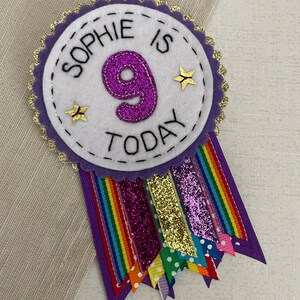 Purple Rainbow Sparkle Personalised Birthday Badge Rosette, Birthday ...