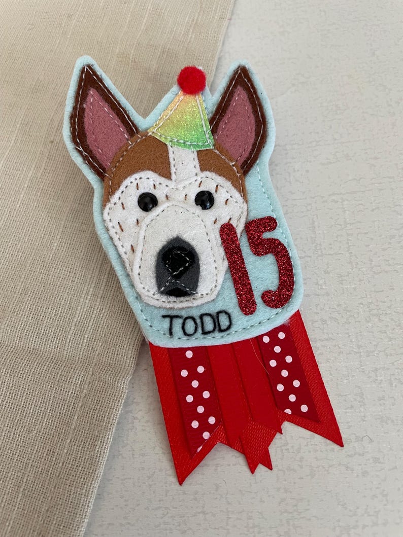May include: A handmade felt dog-themed birthday badge. The badge features a dog's face with a party hat, the number 15 in glitter, and the name "TODD". Red ribbon with white polka dots completes the design.