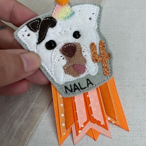 May include: A handmade felt dog birthday badge with the name "NALA" and the number "4". The dog's head is white with brown spots and a party hat. Orange and pink ribbons hang below the badge.