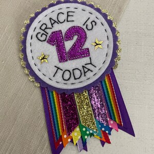 Purple Rainbow Sparkle Personalised Birthday Badge Rosette, Birthday ...